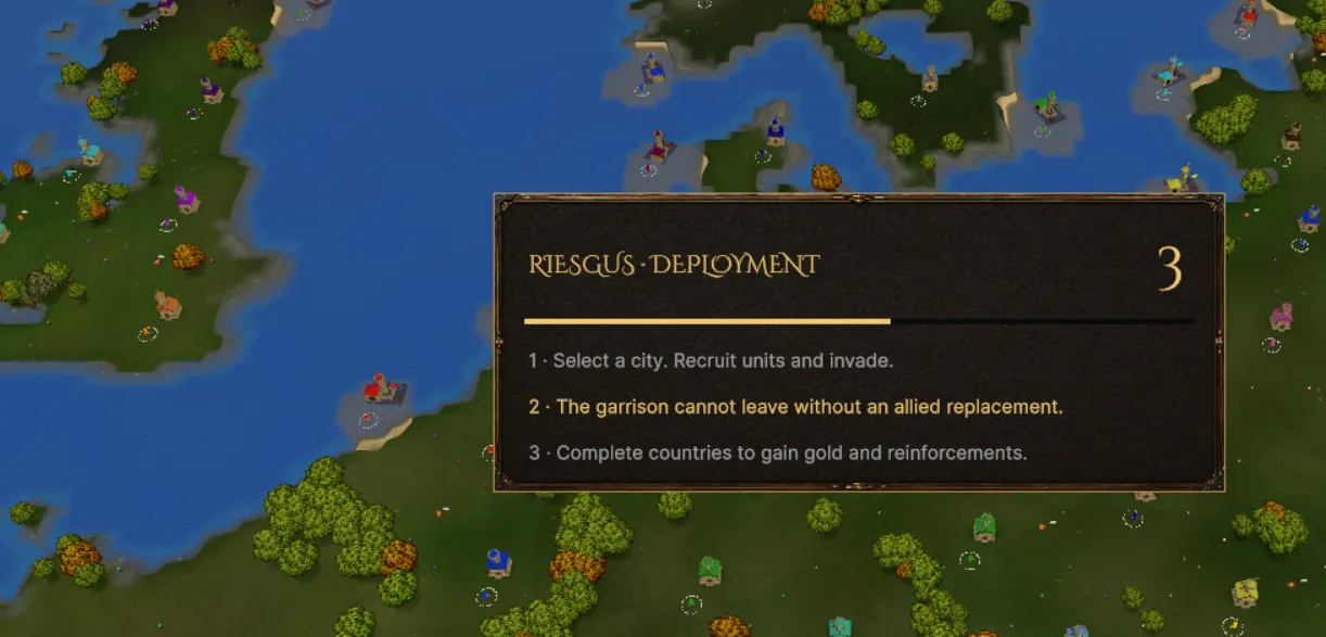 Riesgus deployment briefing over a map of forests, coasts and cities